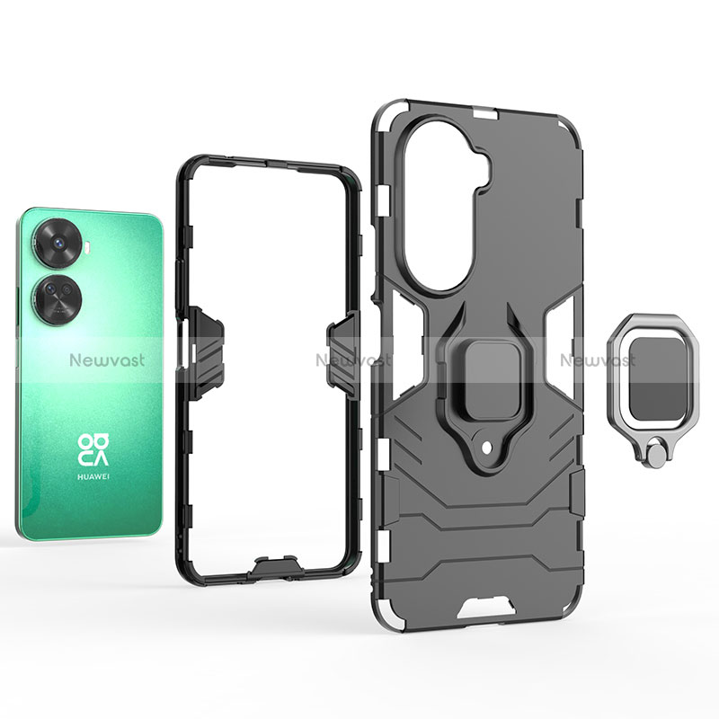 Silicone Matte Finish and Plastic Back Cover Case with Magnetic Finger Ring Stand for Huawei Nova 11 SE