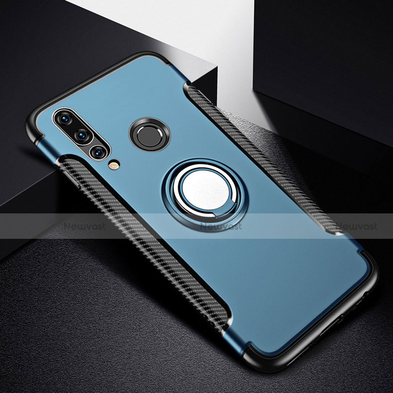 Silicone Matte Finish and Plastic Back Cover Case with Magnetic Finger Ring Stand for Huawei Nova 4e Blue