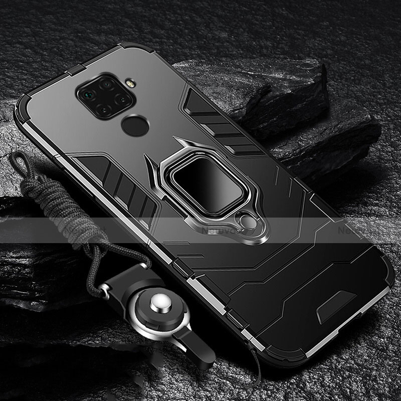 Silicone Matte Finish and Plastic Back Cover Case with Magnetic Finger Ring Stand for Huawei Nova 5i Pro Black