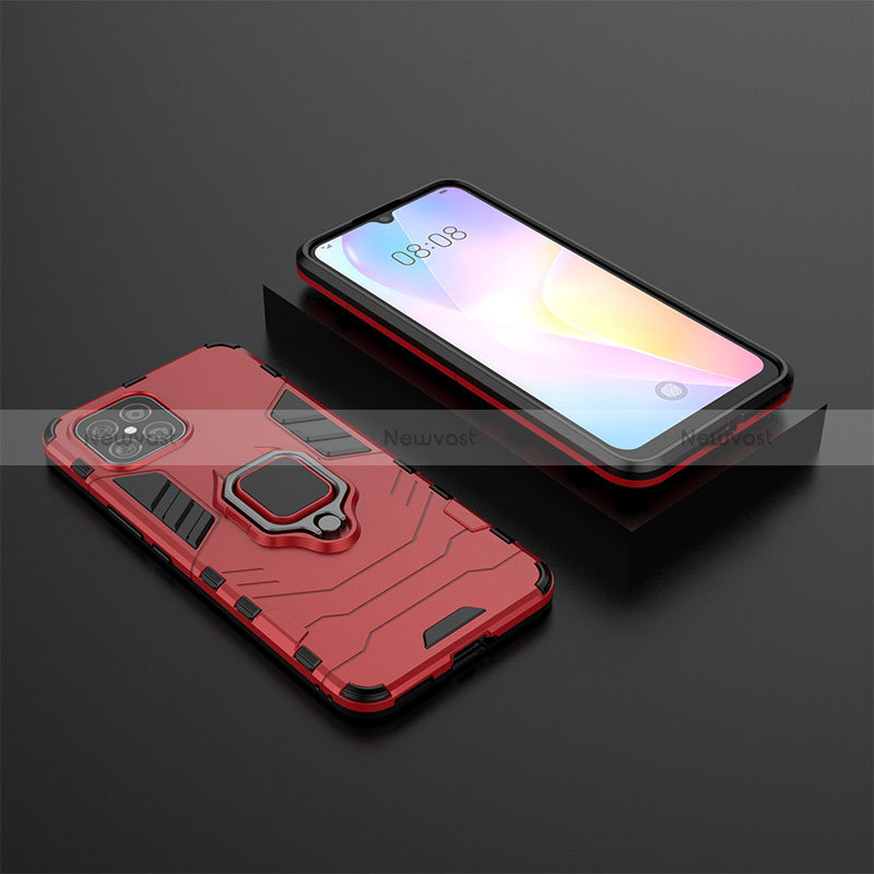 Silicone Matte Finish and Plastic Back Cover Case with Magnetic Finger Ring Stand for Huawei Nova 8 SE 4G Red