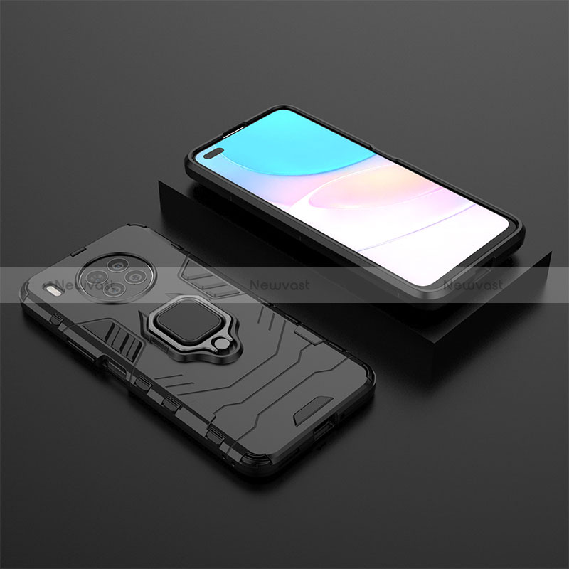 Silicone Matte Finish and Plastic Back Cover Case with Magnetic Finger Ring Stand for Huawei Nova 8i Black