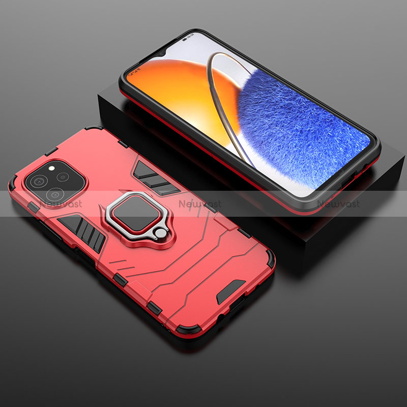 Silicone Matte Finish and Plastic Back Cover Case with Magnetic Finger Ring Stand for Huawei Nova Y61 Red