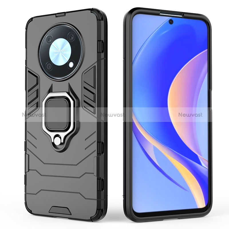 Silicone Matte Finish and Plastic Back Cover Case with Magnetic Finger Ring Stand for Huawei Nova Y90