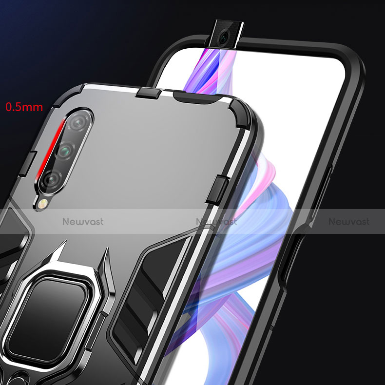 Silicone Matte Finish and Plastic Back Cover Case with Magnetic Finger Ring Stand for Huawei P Smart Pro (2019)