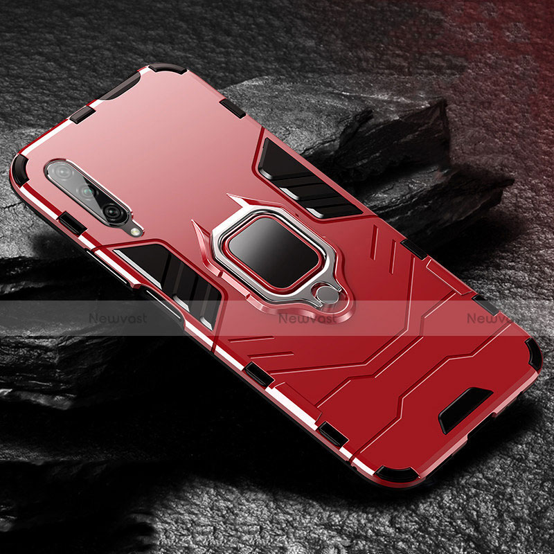 Silicone Matte Finish and Plastic Back Cover Case with Magnetic Finger Ring Stand for Huawei P Smart Pro (2019) Red