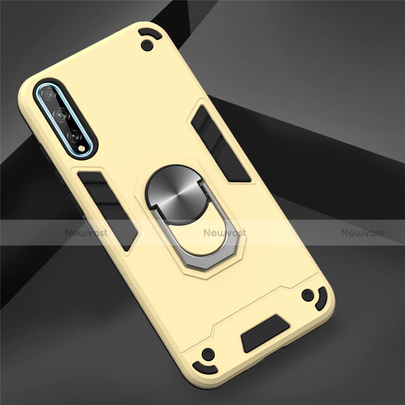 Silicone Matte Finish and Plastic Back Cover Case with Magnetic Finger Ring Stand for Huawei P smart S Gold