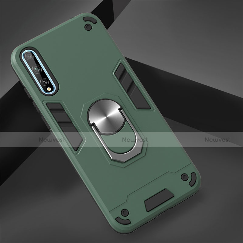 Silicone Matte Finish and Plastic Back Cover Case with Magnetic Finger Ring Stand for Huawei P smart S Green