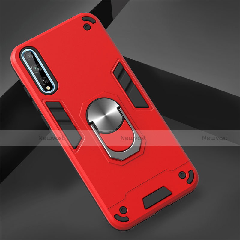 Silicone Matte Finish and Plastic Back Cover Case with Magnetic Finger Ring Stand for Huawei P smart S Red