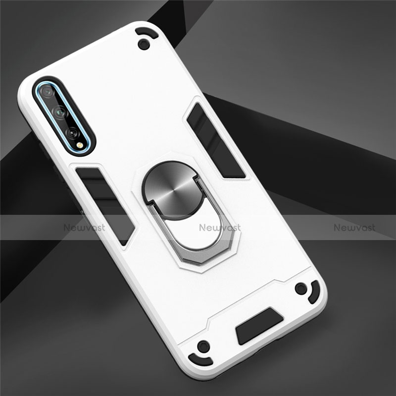 Silicone Matte Finish and Plastic Back Cover Case with Magnetic Finger Ring Stand for Huawei P smart S White