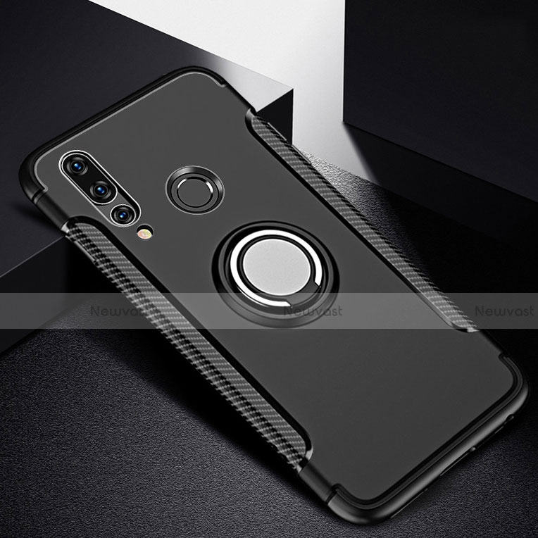 Silicone Matte Finish and Plastic Back Cover Case with Magnetic Finger Ring Stand for Huawei P30 Lite Black