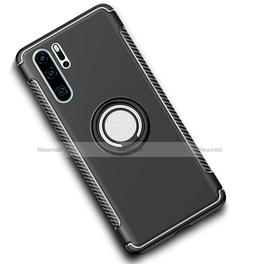 Silicone Matte Finish and Plastic Back Cover Case with Magnetic Finger Ring Stand for Huawei P30 Pro New Edition Black