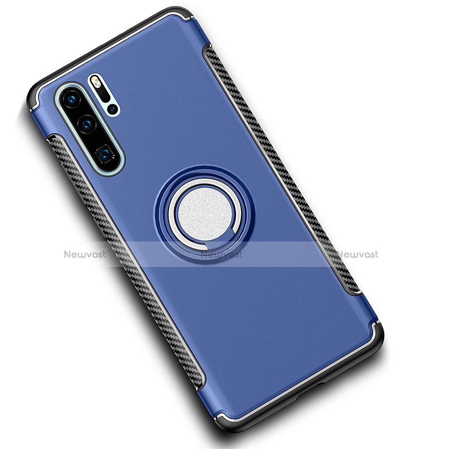 Silicone Matte Finish and Plastic Back Cover Case with Magnetic Finger Ring Stand for Huawei P30 Pro New Edition Blue