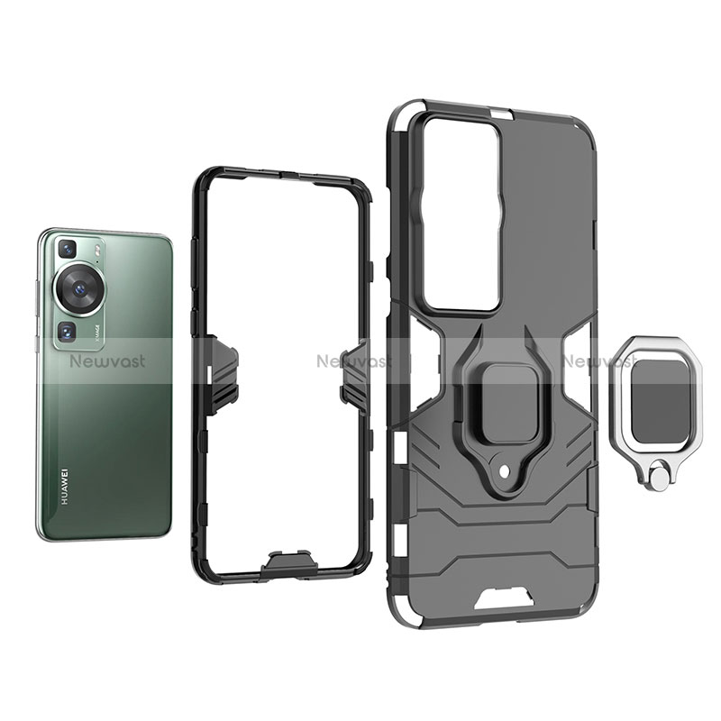 Silicone Matte Finish and Plastic Back Cover Case with Magnetic Finger Ring Stand for Huawei P60