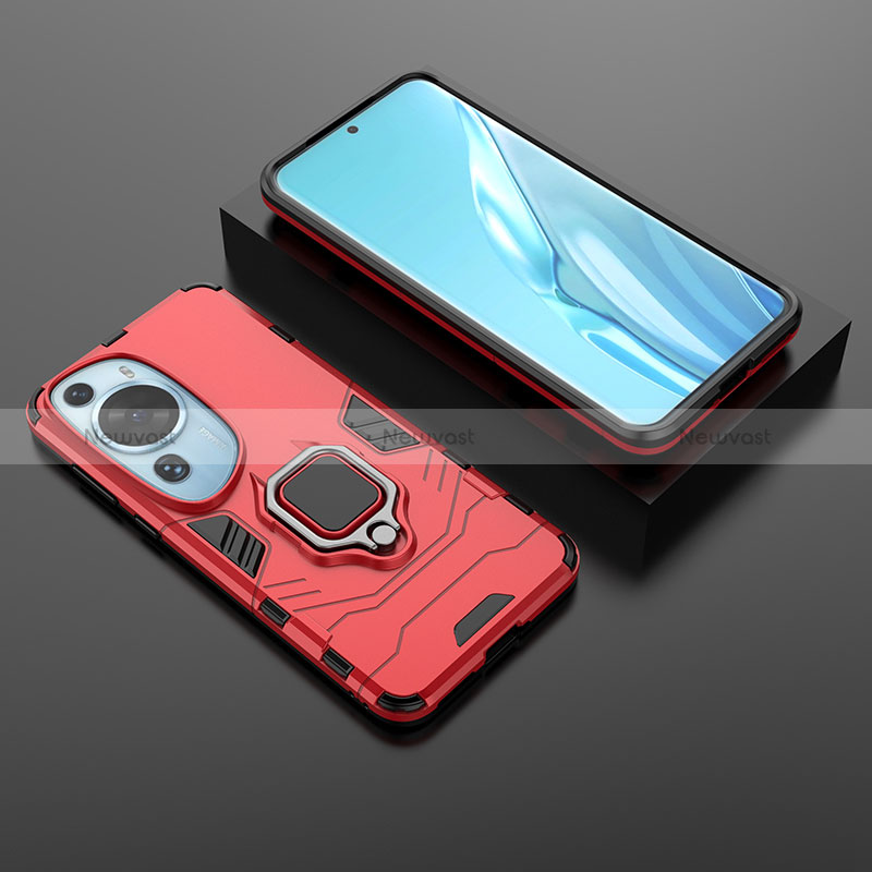 Silicone Matte Finish and Plastic Back Cover Case with Magnetic Finger Ring Stand for Huawei P60 Art Red