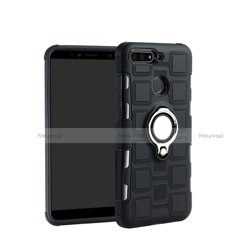 Silicone Matte Finish and Plastic Back Cover Case with Magnetic Finger Ring Stand for Huawei Y6 (2018)