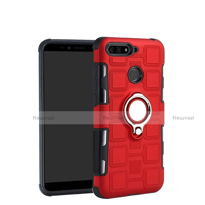 Silicone Matte Finish and Plastic Back Cover Case with Magnetic Finger Ring Stand for Huawei Y6 (2018)