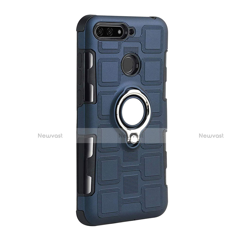 Silicone Matte Finish and Plastic Back Cover Case with Magnetic Finger Ring Stand for Huawei Y6 Prime (2018)