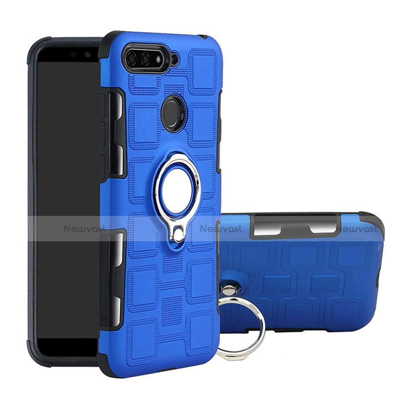 Silicone Matte Finish and Plastic Back Cover Case with Magnetic Finger Ring Stand for Huawei Y6 Prime (2018) Sky Blue