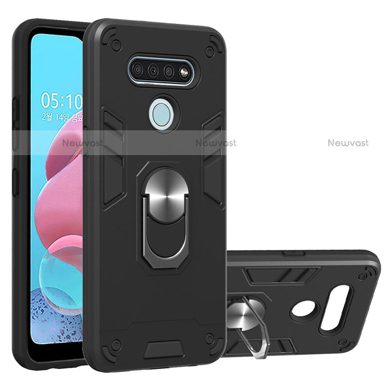 Silicone Matte Finish and Plastic Back Cover Case with Magnetic Finger Ring Stand for LG K51