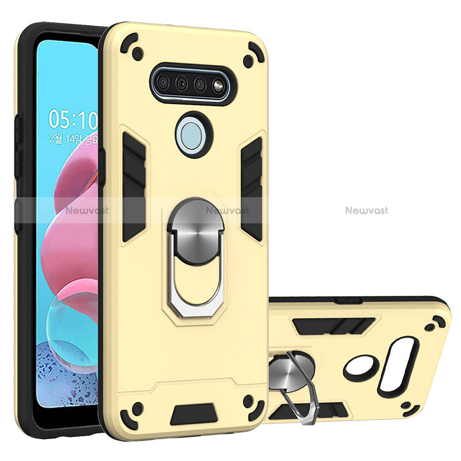 Silicone Matte Finish and Plastic Back Cover Case with Magnetic Finger Ring Stand for LG K51