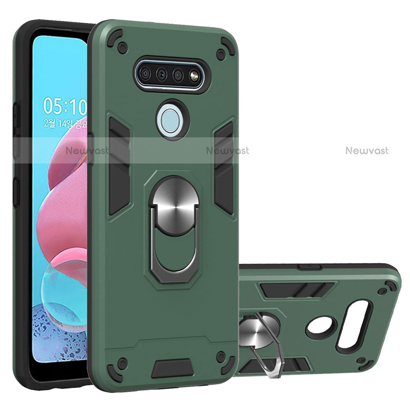 Silicone Matte Finish and Plastic Back Cover Case with Magnetic Finger Ring Stand for LG K51