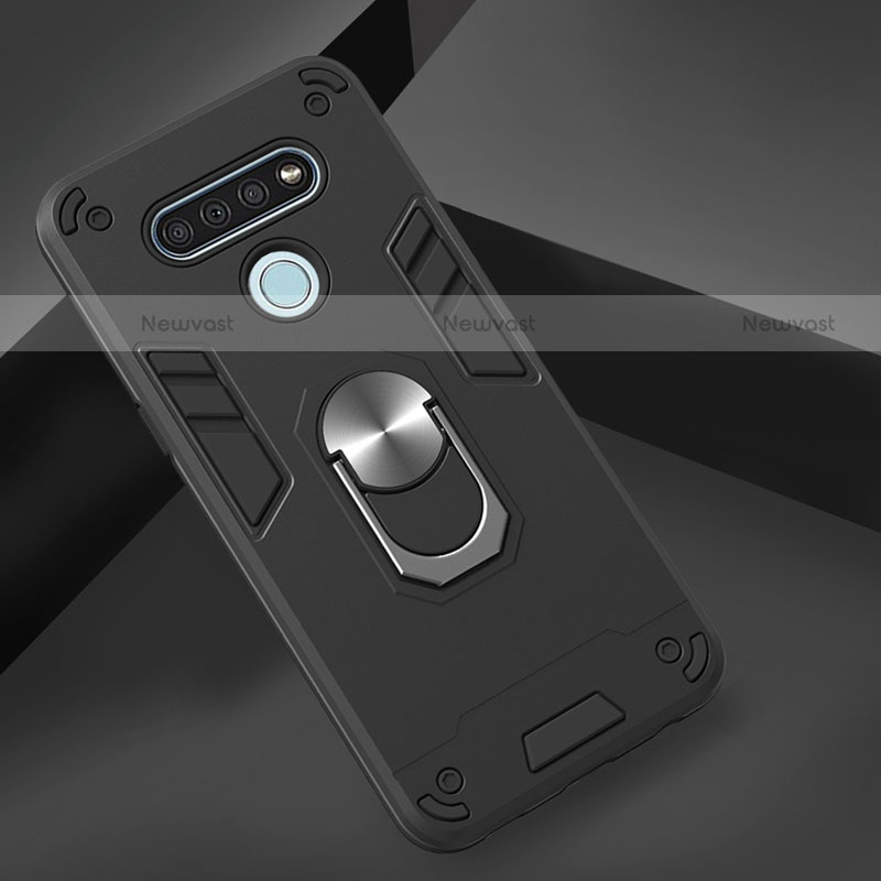 Silicone Matte Finish and Plastic Back Cover Case with Magnetic Finger Ring Stand for LG K51 Black