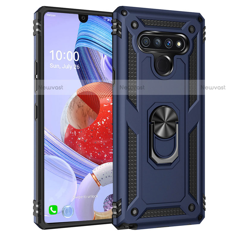 Silicone Matte Finish and Plastic Back Cover Case with Magnetic Finger Ring Stand for LG Stylo 6 Blue