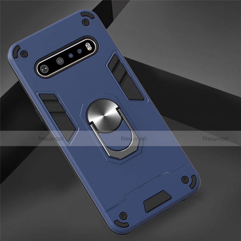 Silicone Matte Finish and Plastic Back Cover Case with Magnetic Finger Ring Stand for LG V60 ThinQ 5G