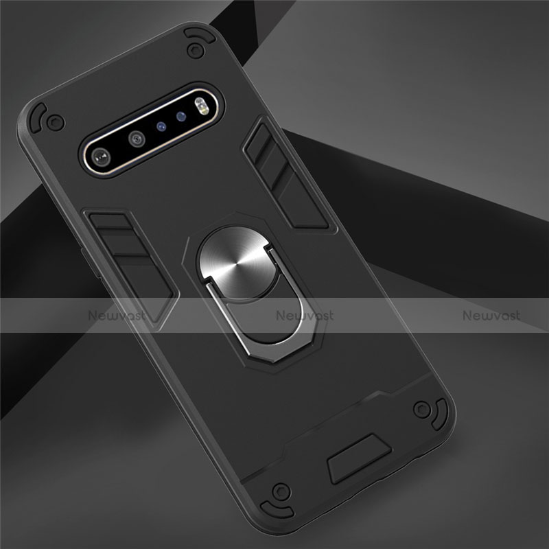 Silicone Matte Finish and Plastic Back Cover Case with Magnetic Finger Ring Stand for LG V60 ThinQ 5G