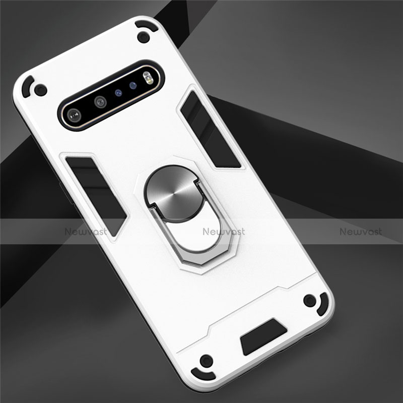 Silicone Matte Finish and Plastic Back Cover Case with Magnetic Finger Ring Stand for LG V60 ThinQ 5G