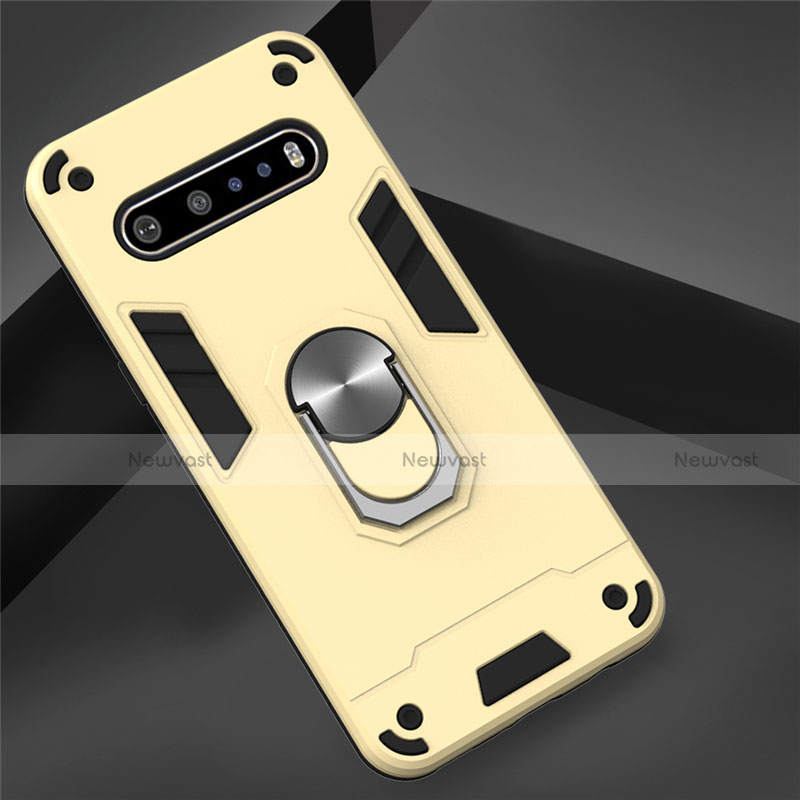 Silicone Matte Finish and Plastic Back Cover Case with Magnetic Finger Ring Stand for LG V60 ThinQ 5G Gold