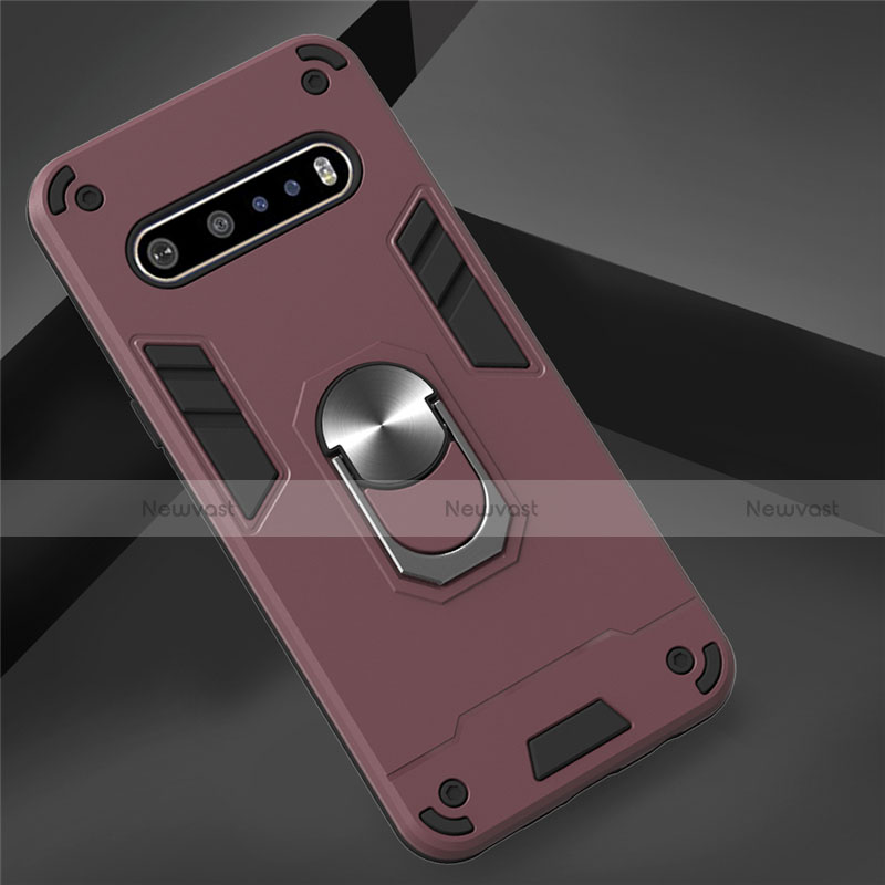 Silicone Matte Finish and Plastic Back Cover Case with Magnetic Finger Ring Stand for LG V60 ThinQ 5G Red Wine