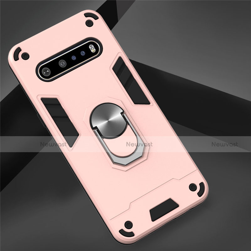 Silicone Matte Finish and Plastic Back Cover Case with Magnetic Finger Ring Stand for LG V60 ThinQ 5G Rose Gold