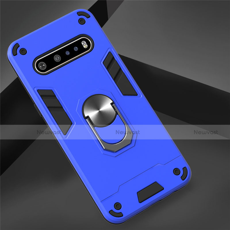 Silicone Matte Finish and Plastic Back Cover Case with Magnetic Finger Ring Stand for LG V60 ThinQ 5G Sky Blue