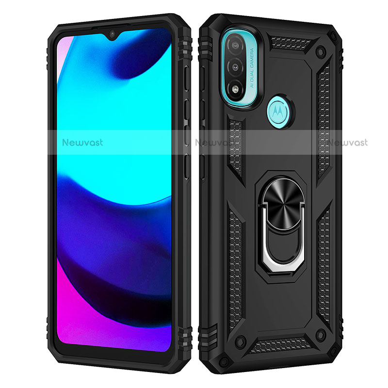Silicone Matte Finish and Plastic Back Cover Case with Magnetic Finger Ring Stand for Motorola Moto E40 Black