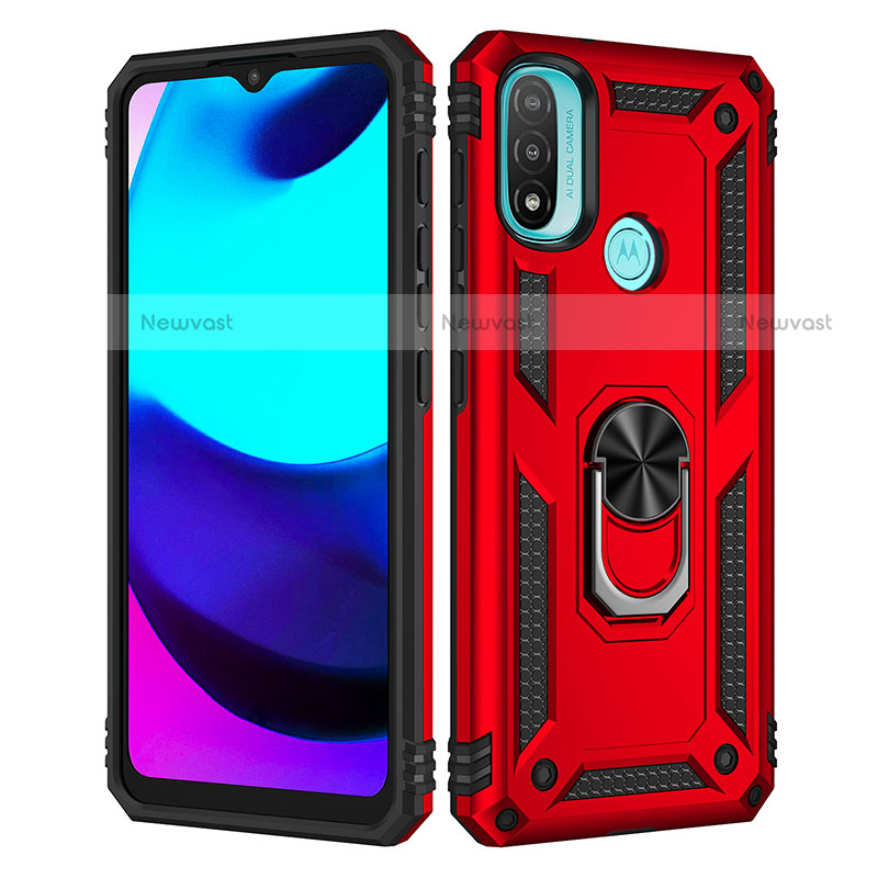 Silicone Matte Finish and Plastic Back Cover Case with Magnetic Finger Ring Stand for Motorola Moto E40 Red