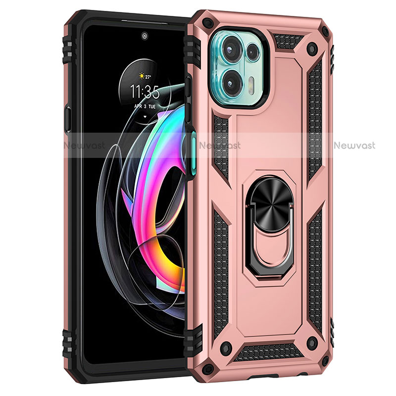 Silicone Matte Finish and Plastic Back Cover Case with Magnetic Finger Ring Stand for Motorola Moto Edge 20 Lite 5G Rose Gold