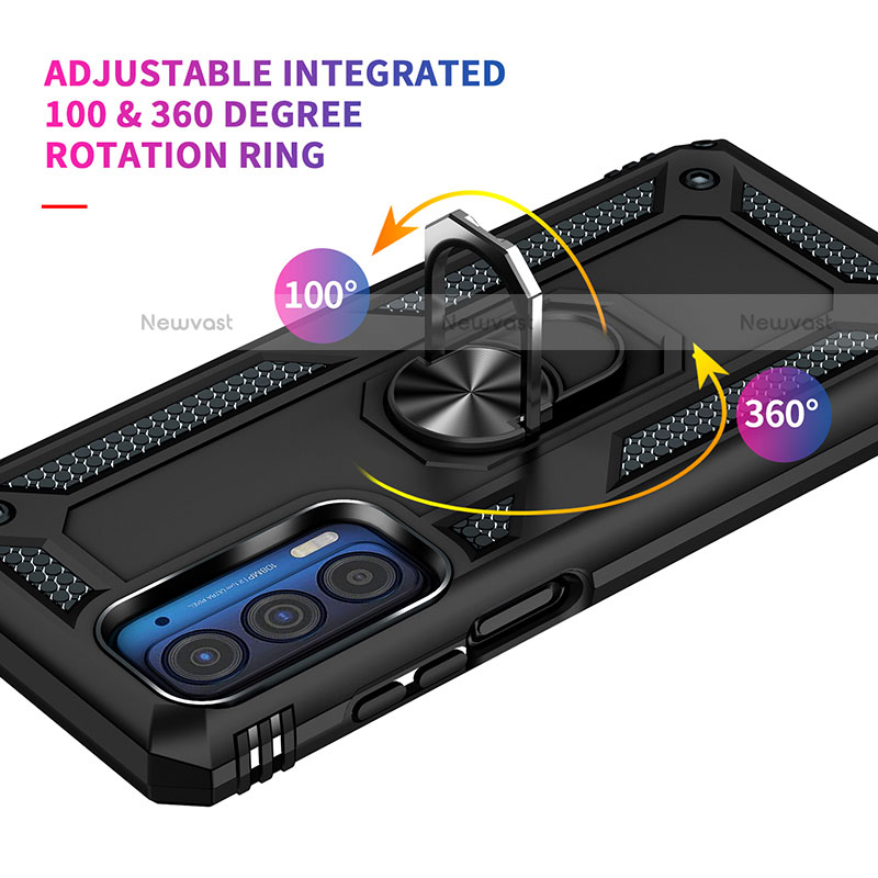 Silicone Matte Finish and Plastic Back Cover Case with Magnetic Finger Ring Stand for Motorola Moto Edge (2021) 5G