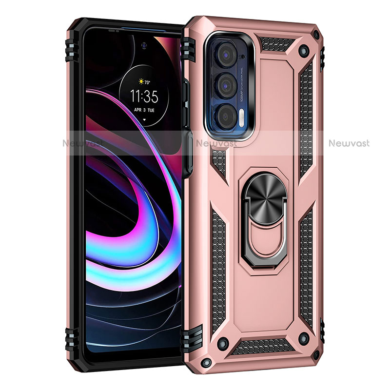 Silicone Matte Finish and Plastic Back Cover Case with Magnetic Finger Ring Stand for Motorola Moto Edge (2021) 5G Rose Gold