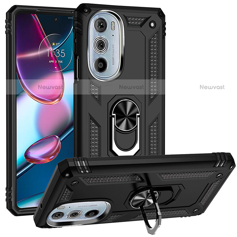 Silicone Matte Finish and Plastic Back Cover Case with Magnetic Finger Ring Stand for Motorola Moto Edge 30 Pro 5G Black