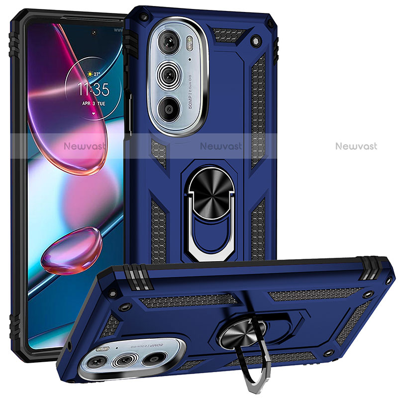 Silicone Matte Finish and Plastic Back Cover Case with Magnetic Finger Ring Stand for Motorola Moto Edge 30 Pro 5G Blue