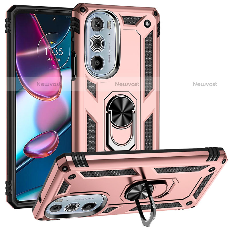 Silicone Matte Finish and Plastic Back Cover Case with Magnetic Finger Ring Stand for Motorola Moto Edge Plus (2022) 5G Rose Gold