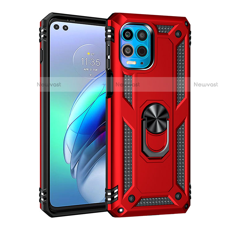 Silicone Matte Finish and Plastic Back Cover Case with Magnetic Finger Ring Stand for Motorola Moto Edge S 5G Red