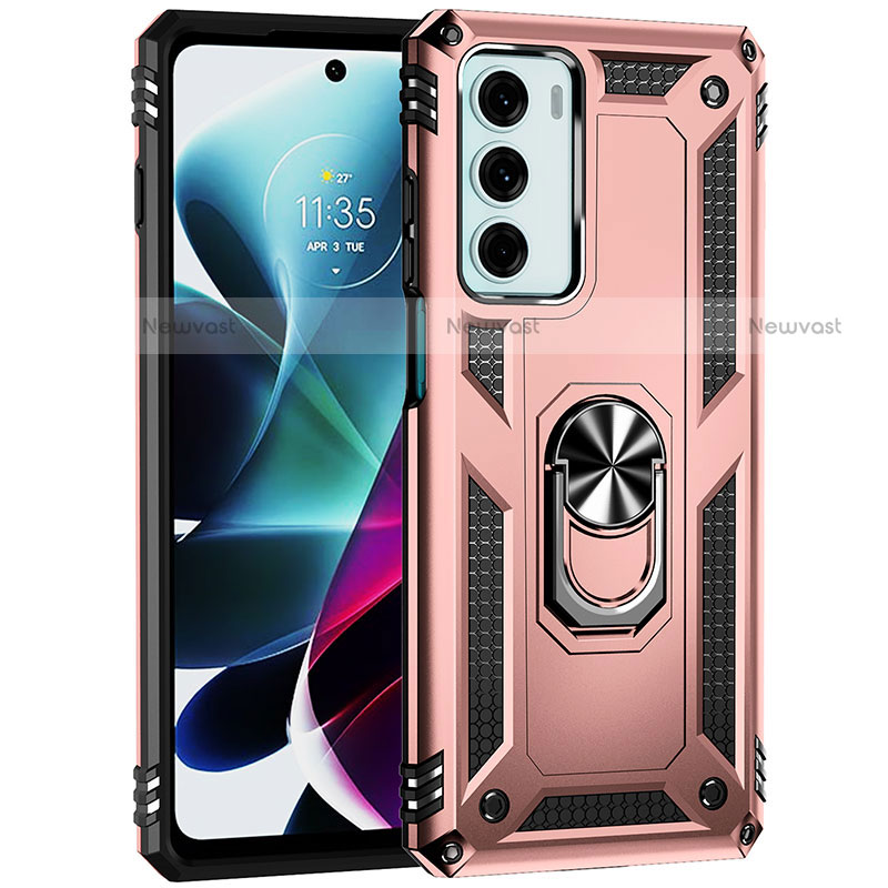 Silicone Matte Finish and Plastic Back Cover Case with Magnetic Finger Ring Stand for Motorola Moto Edge S30 5G Rose Gold