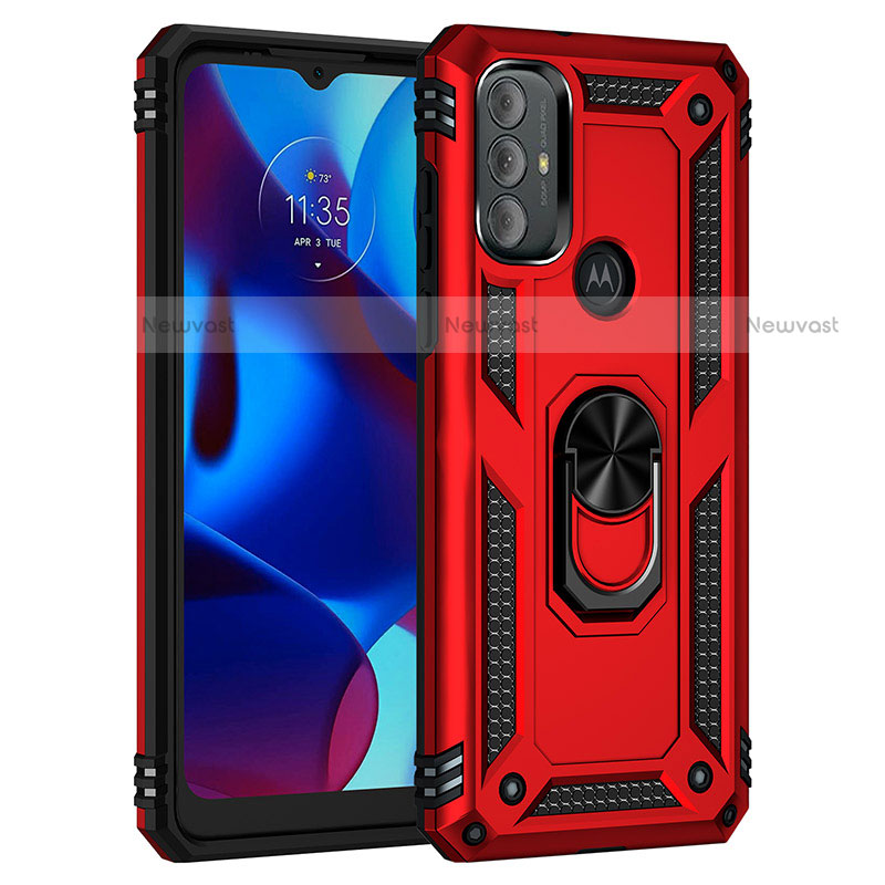 Silicone Matte Finish and Plastic Back Cover Case with Magnetic Finger Ring Stand for Motorola Moto G Play (2023) Red