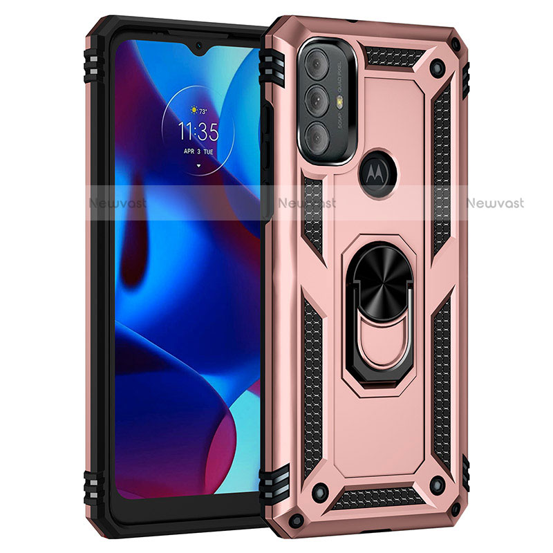 Silicone Matte Finish and Plastic Back Cover Case with Magnetic Finger Ring Stand for Motorola Moto G Play Gen 2 Rose Gold