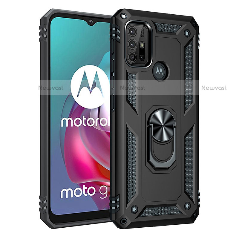 Silicone Matte Finish and Plastic Back Cover Case with Magnetic Finger Ring Stand for Motorola Moto G10 Black