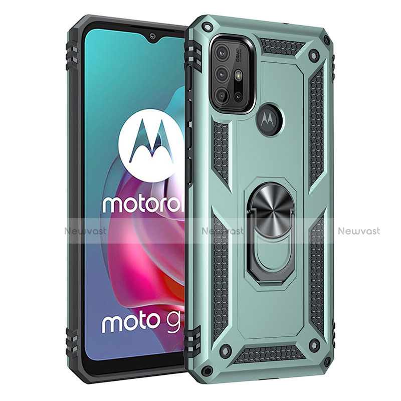 Silicone Matte Finish and Plastic Back Cover Case with Magnetic Finger Ring Stand for Motorola Moto G30 Green