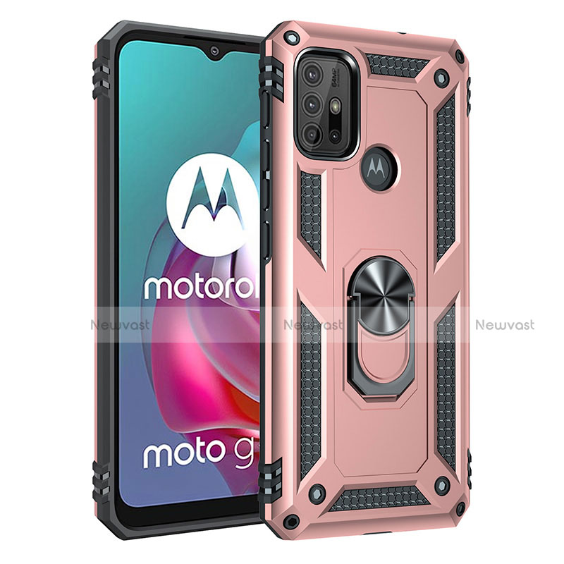 Silicone Matte Finish and Plastic Back Cover Case with Magnetic Finger Ring Stand for Motorola Moto G30 Rose Gold