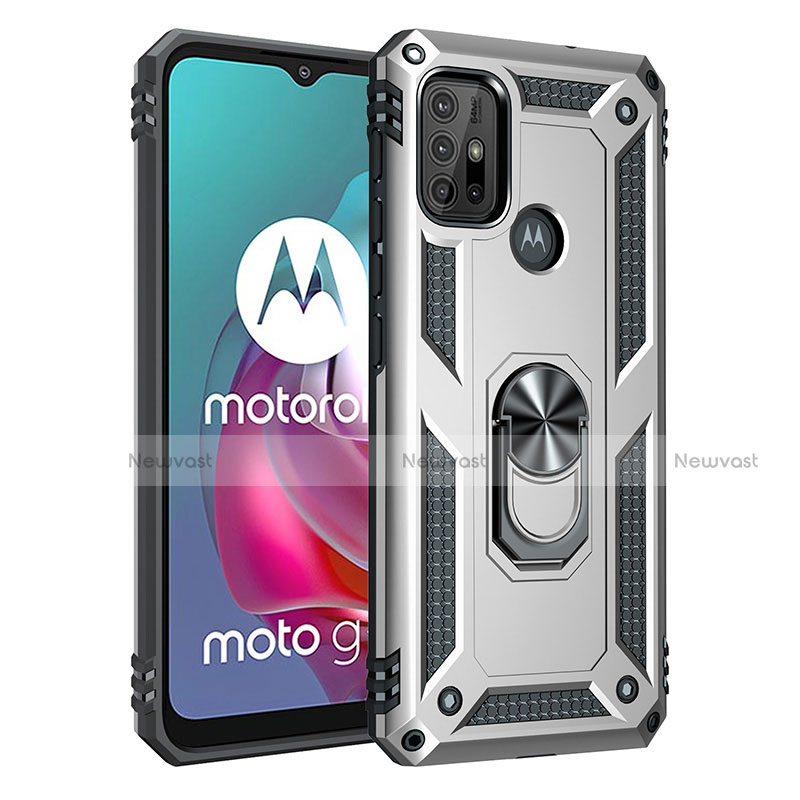 Silicone Matte Finish and Plastic Back Cover Case with Magnetic Finger Ring Stand for Motorola Moto G30 Silver